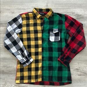 ColorBlock White Red and Yellow Casual Button Down Shirt with Bold Plaid Design